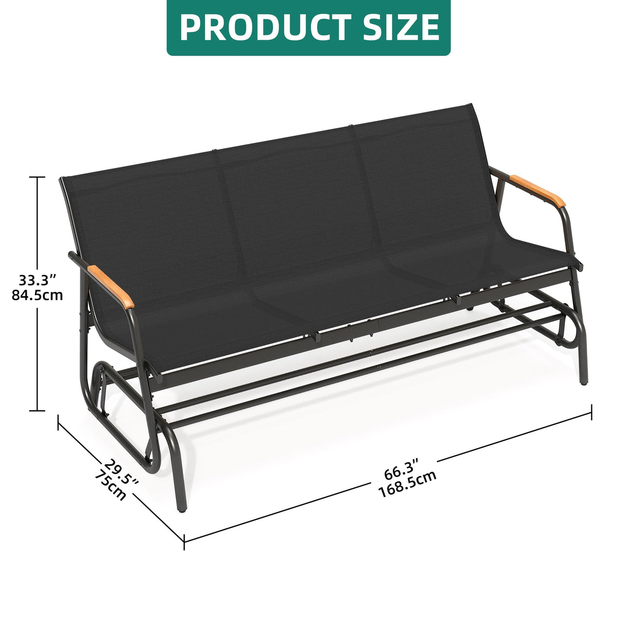 YITAHOME glider bench with teak armrests close-up showcasing comfortable arm support