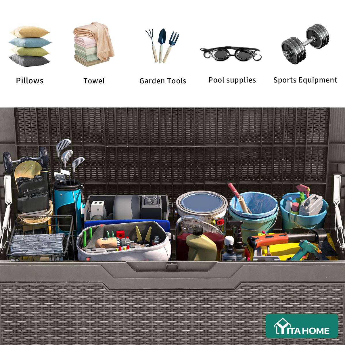 YITAHOME hydraulic struts enable smooth lid operation on the deck box