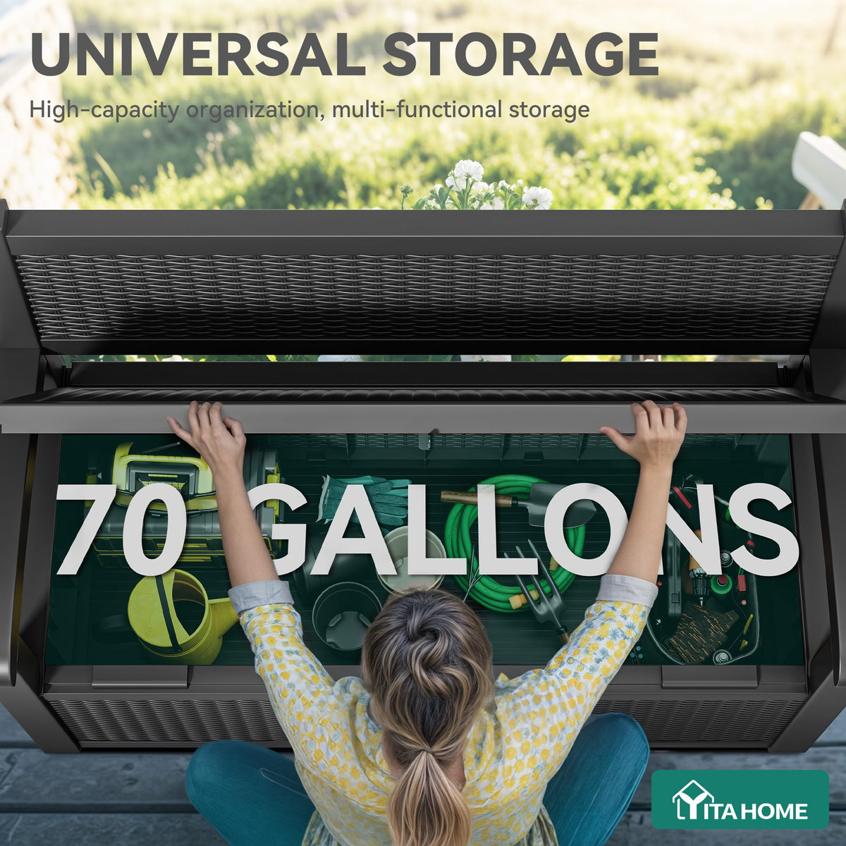 YITAHOME lockable outdoor storage bench for secure items with separate padlock option.