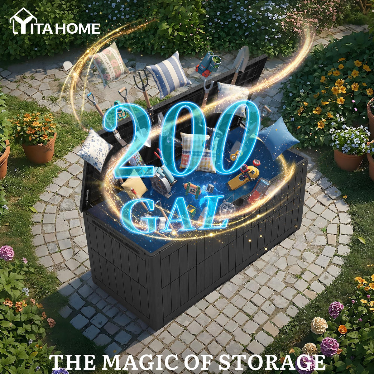 YITAHOME outdoor storage bench offers comfortable seating and concealed storage.