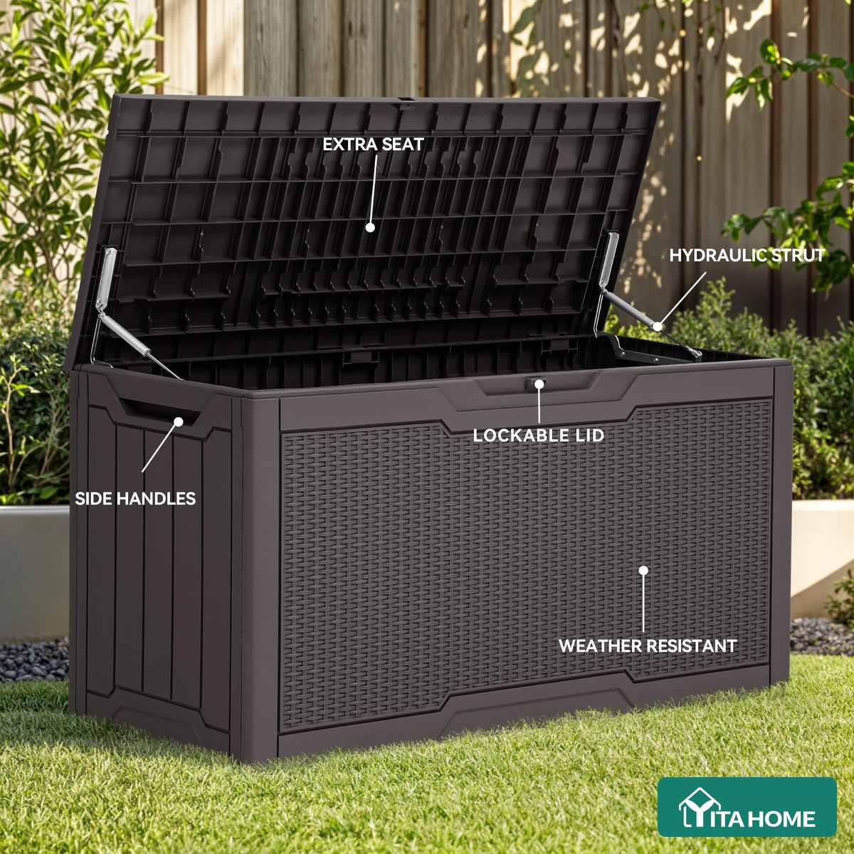YITAHOME waterproof resin deck box exterior highlights weather-ready durability.
