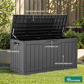 YITAHOME lockable storage box keeps items secure on the patio.