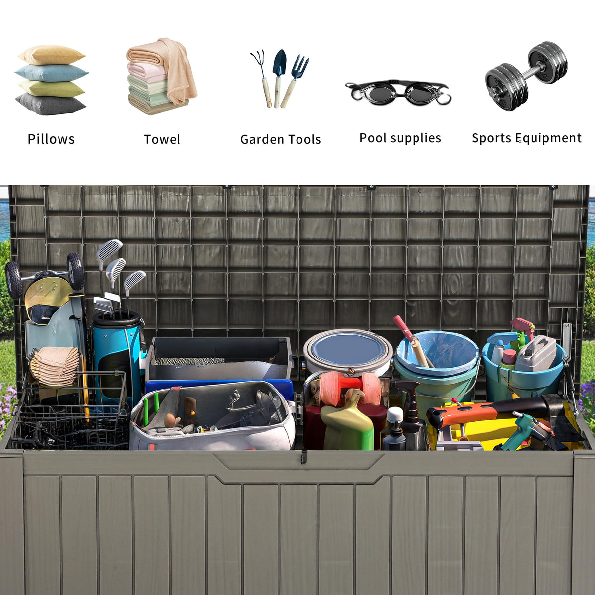 YITAHOME waterproof resin deck box protects contents from moisture and sun
