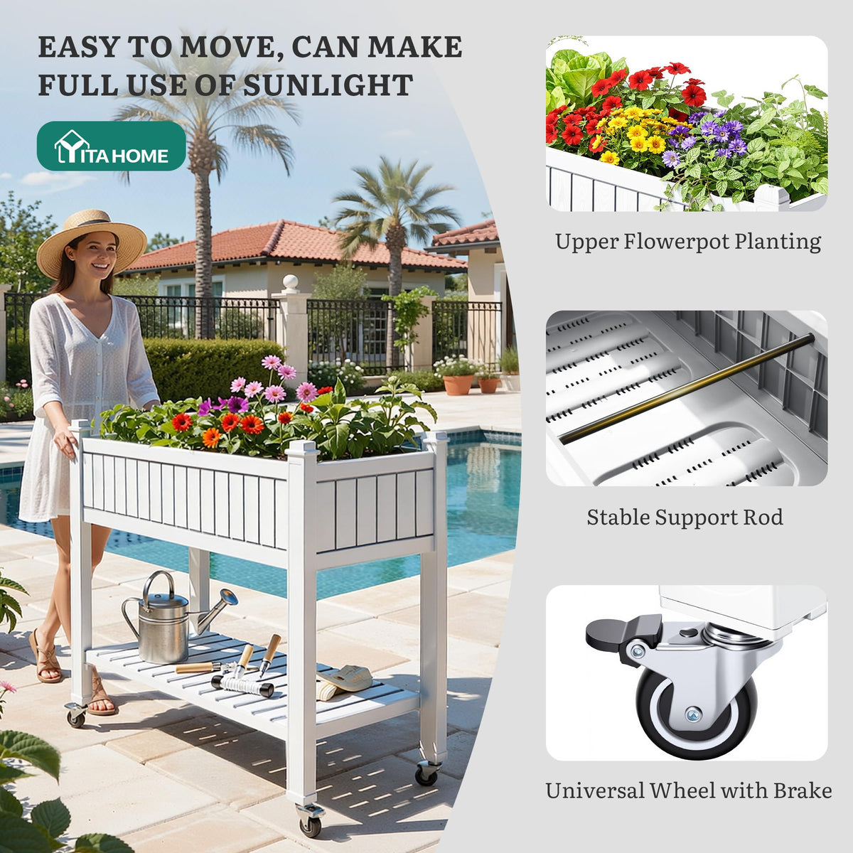 YITAHOME raised garden bed bottom shelf stores tools and pots within reach.