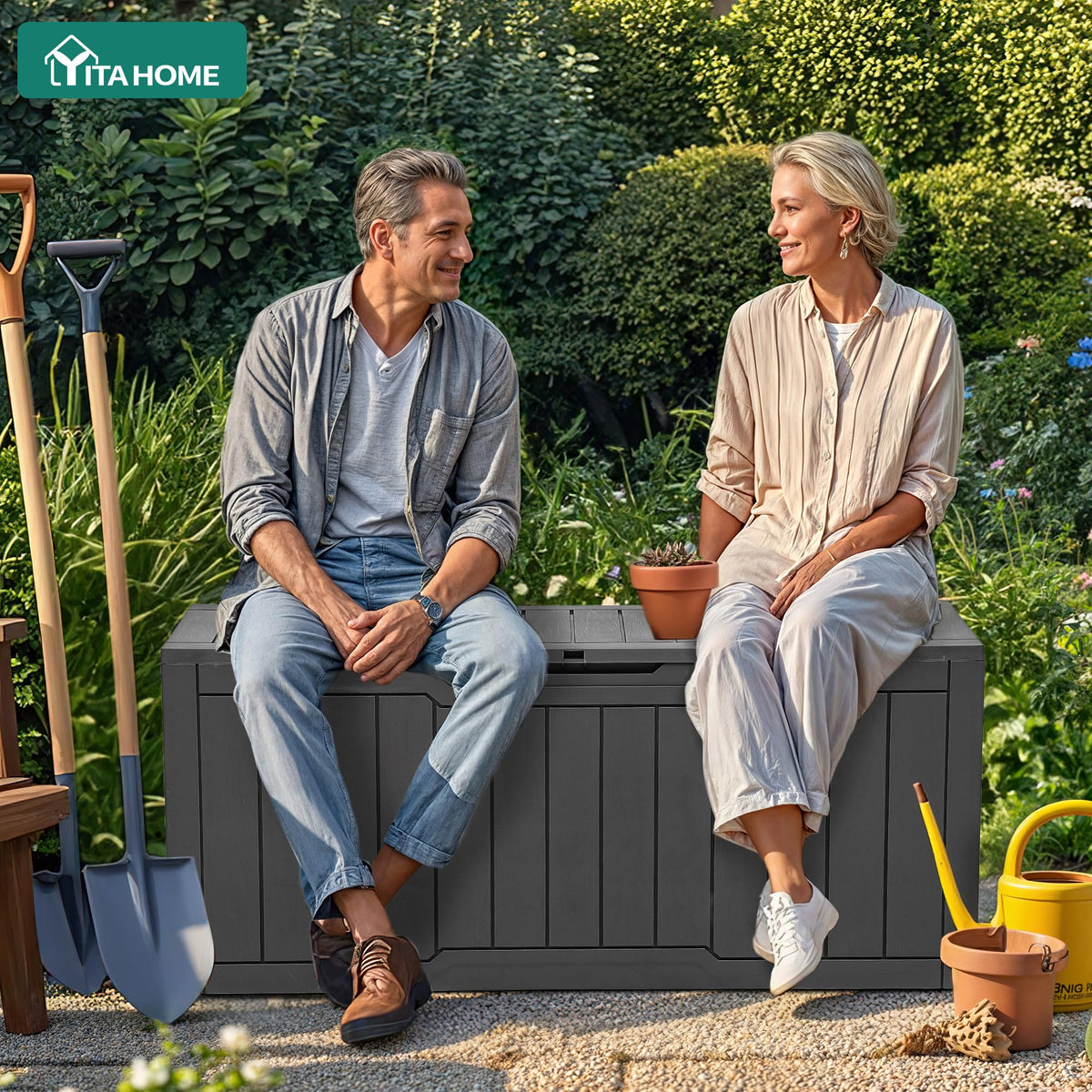 YITAHOME resin deck box demonstrating waterproof protection for outdoor cushions.