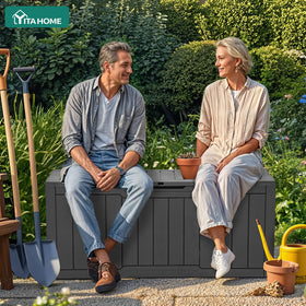 YITAHOME resin deck box demonstrating waterproof protection for outdoor cushions.