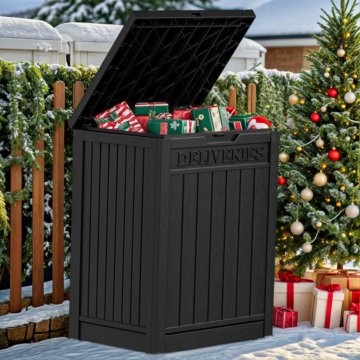 Sleek black finish of the YITAHOME resin box on a porch