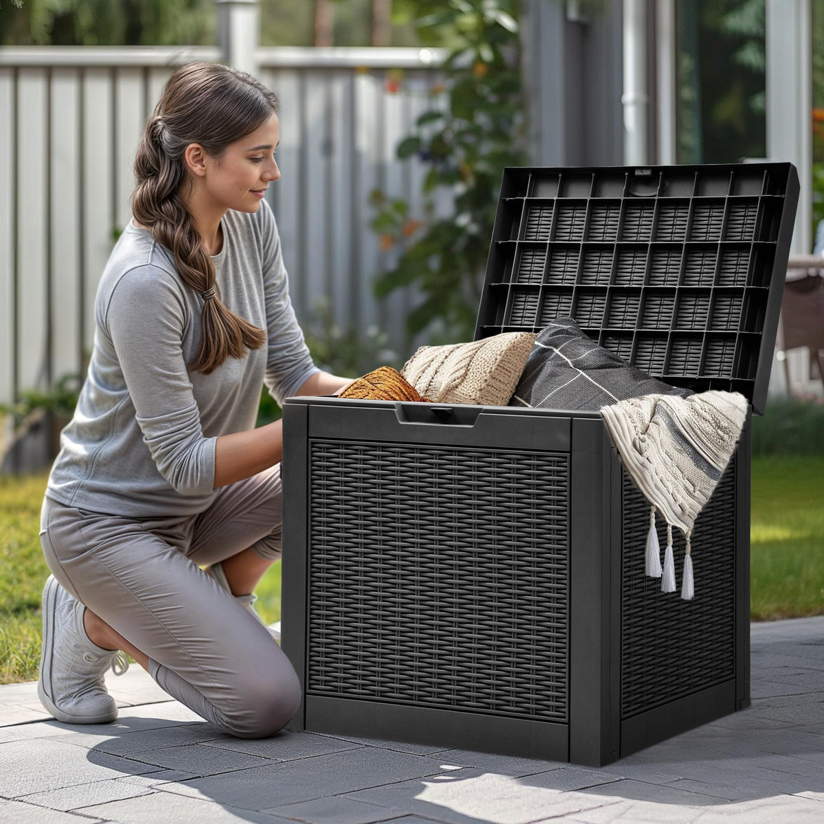 YITAHOME waterproof resin deck box protects items from rain and humidity.