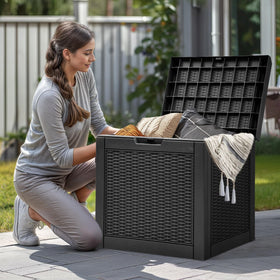 YITAHOME waterproof resin deck box protects items from rain and humidity.
