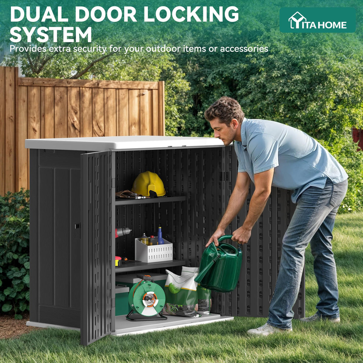 YITAHOME waterproof shed exterior with wood-like finish on patio