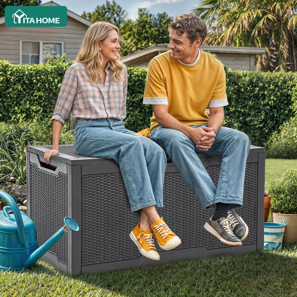 YITAHOME weather-resistant resin deck box demonstrating durable outdoor storage.