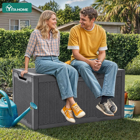 YITAHOME weather-resistant resin deck box demonstrating durable outdoor storage.