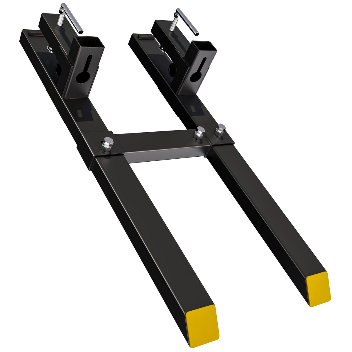 YITAMOTOR 43in clamp-on pallet forks mounted on a tractor lifting heavy pallets with stability.