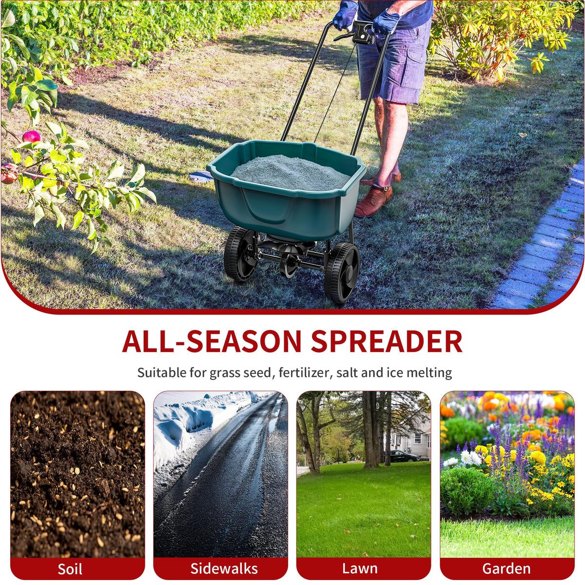 YITAMOTOR 60lb spreader, all-terrain tires, stable performance on varied surfaces.