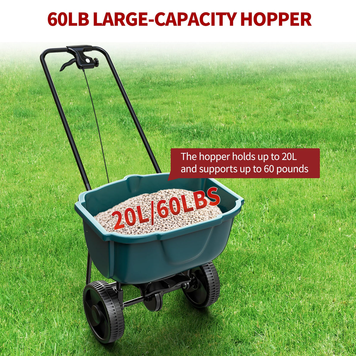 YITAMOTOR 60lb spreader, capacity highlight, handles large jobs in a single pass.