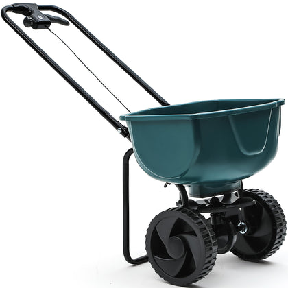 YITAMOTOR 60lb spreader, front view, enables efficient lawn seed and fertilizer distribution.