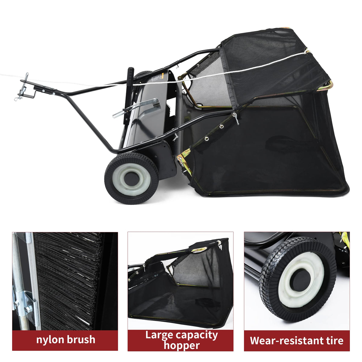 YITAMOTOR lawn sweeper hopper open for debris collection and quick dumping.