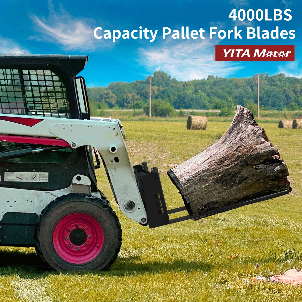 YITAMOTOR pallet fork blades showing 4000lbs capacity in use with loader