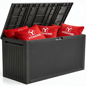 YITAHOME 90-gallon deck box front view for weatherproof cushion storage.