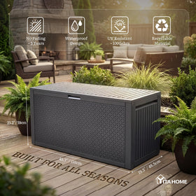YITAHOME 90-gallon deck box lid open showing secure storage.