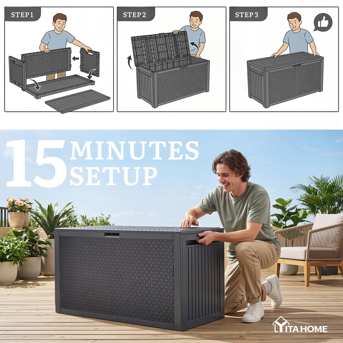 YITAHOME deck box in use on a patio beside outdoor furniture.