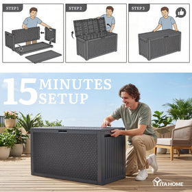 YITAHOME deck box in use on a patio beside outdoor furniture.