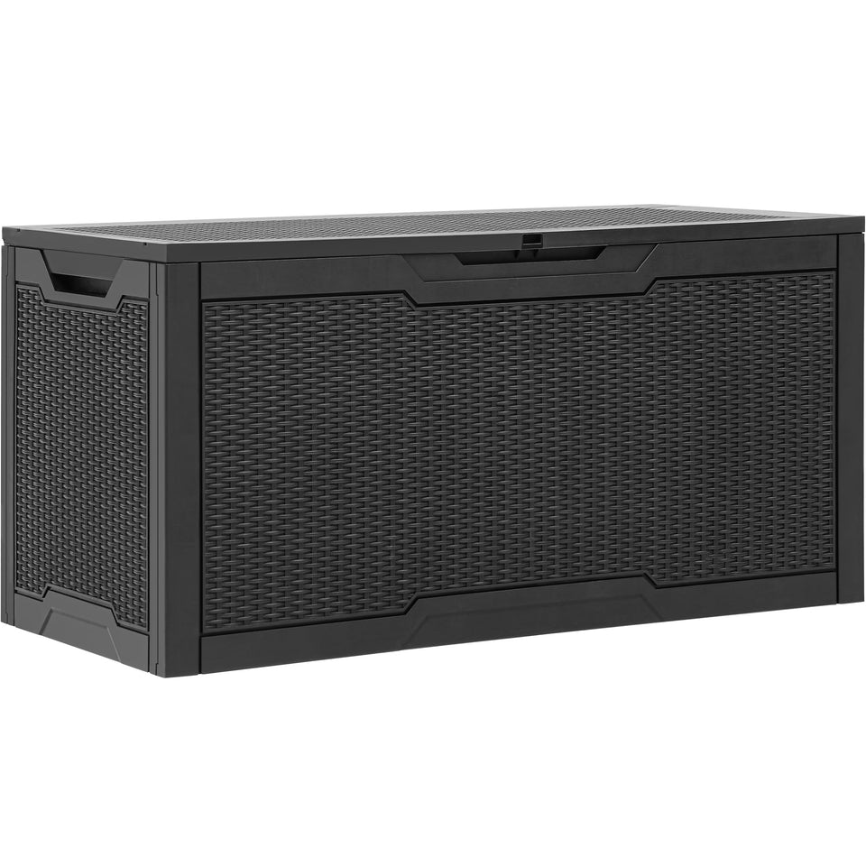 YITAHOME 100-gallon deck box front view illustrates spacious outdoor storage for cushions and tools.