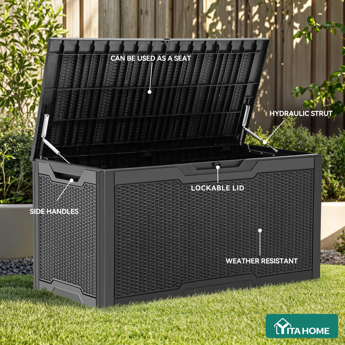 YITAHOME deck box with hydraulic struts demonstrates easy, safe lid opening.