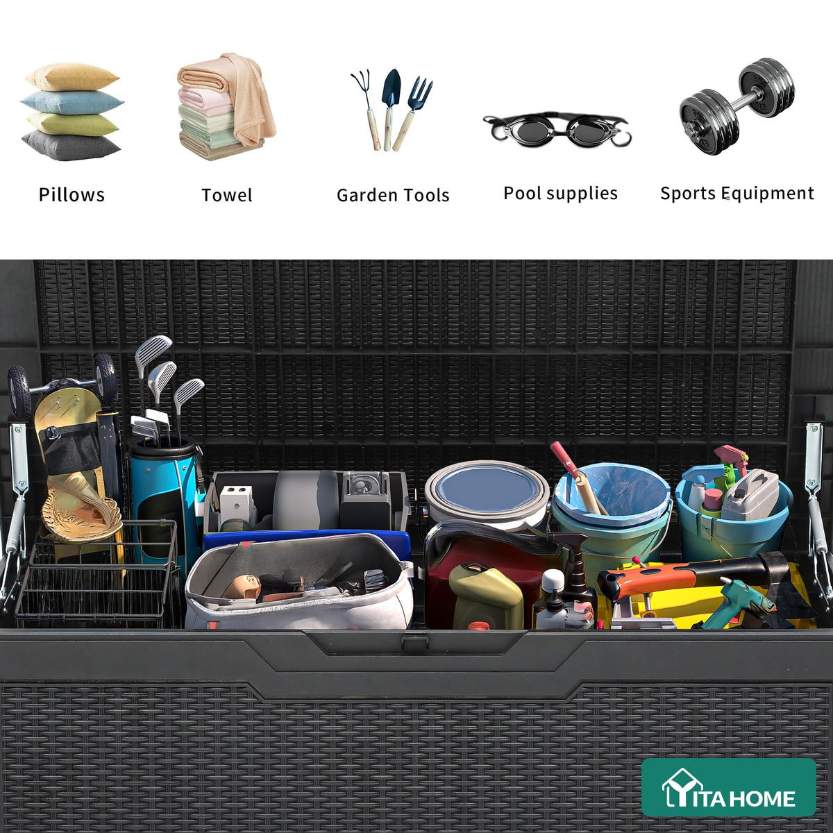 YITAHOME lockable deck box emphasizes secure storage for valuables.