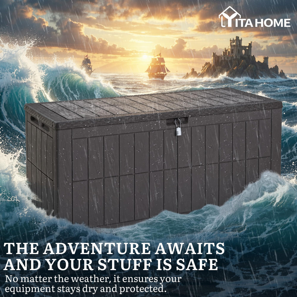 YITAHOME 134-gallon capacity stores tools, cushions, and pool accessories.