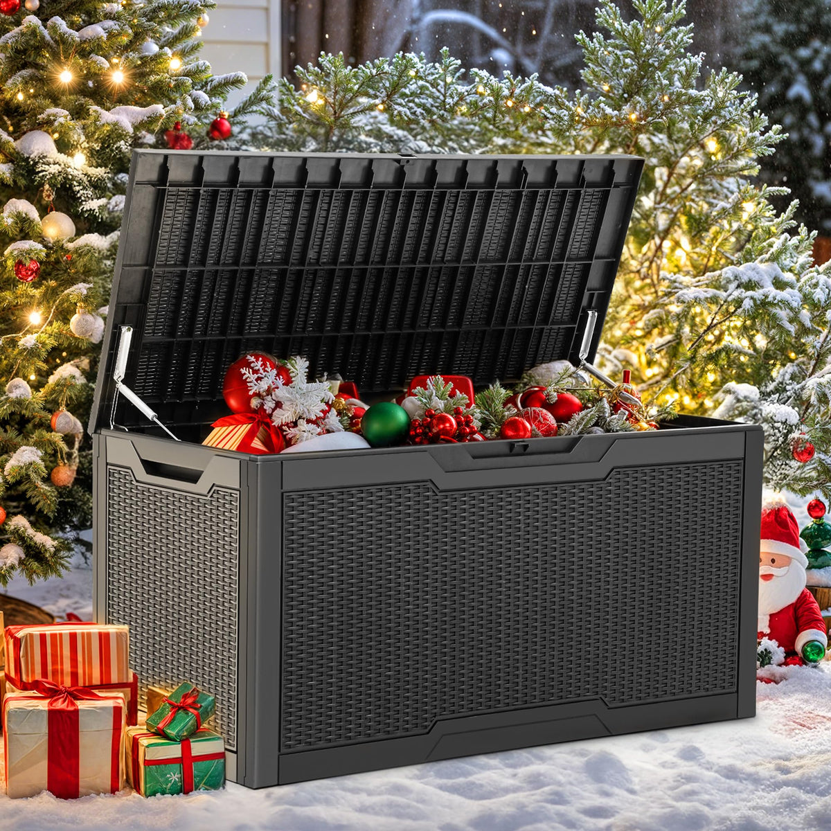 Weatherproof resin deck box protecting cushions and tools from rain and sun