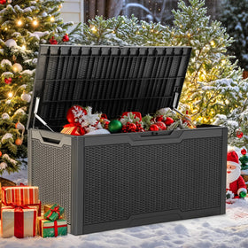 Weatherproof resin deck box protecting cushions and tools from rain and sun