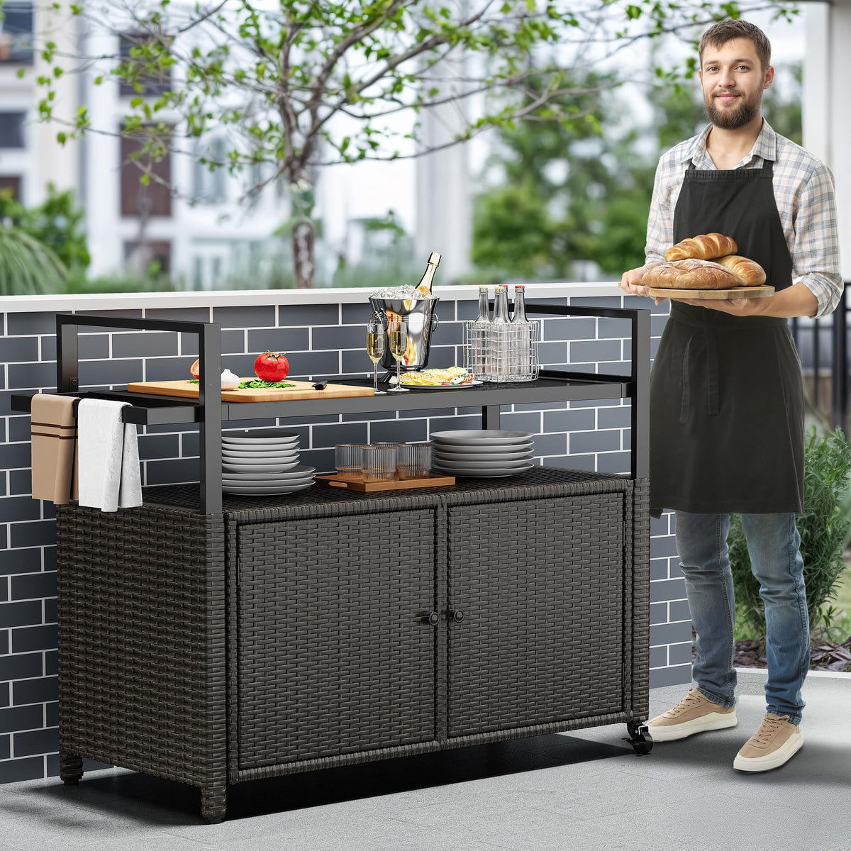70-gallon enclosed cabinet protects items from sun and moisture outdoors