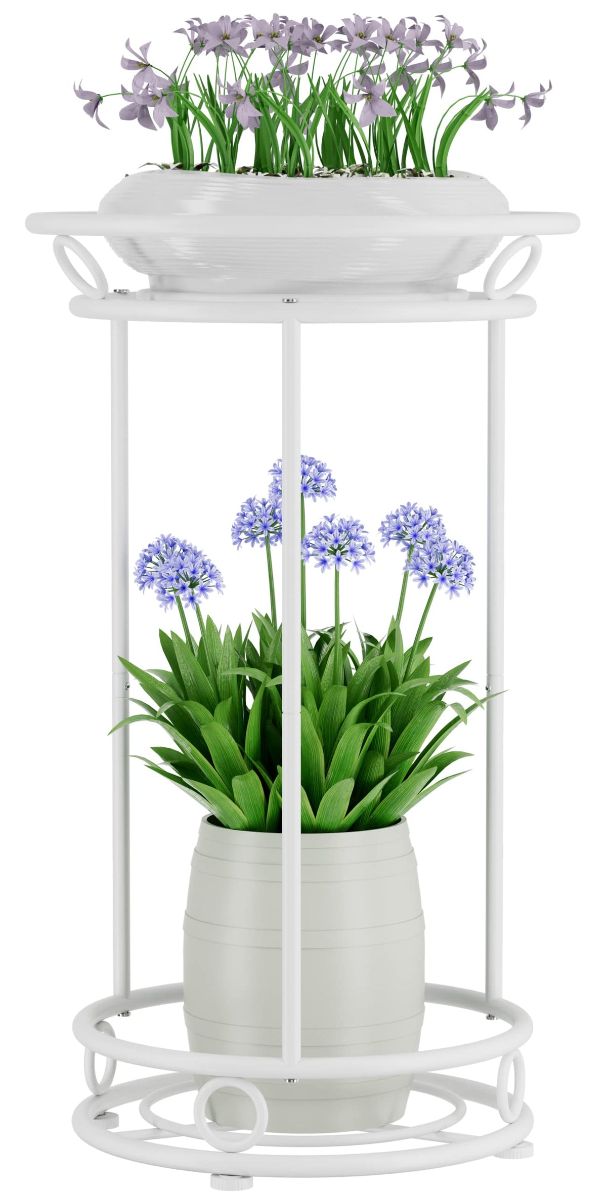 YIUKEA two-tier white plant stand for compact indoor and outdoor display.