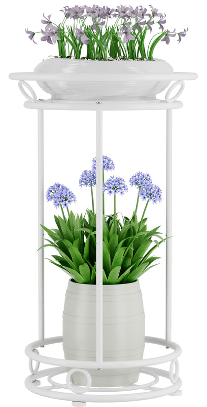YIUKEA two-tier white plant stand for compact indoor and outdoor display.