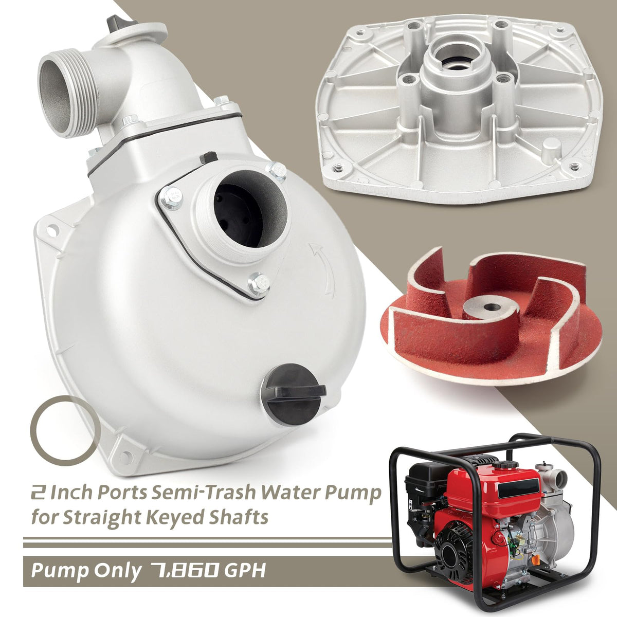 YIYANTO 2'' semi-trash pump side view shows durable aluminum body.