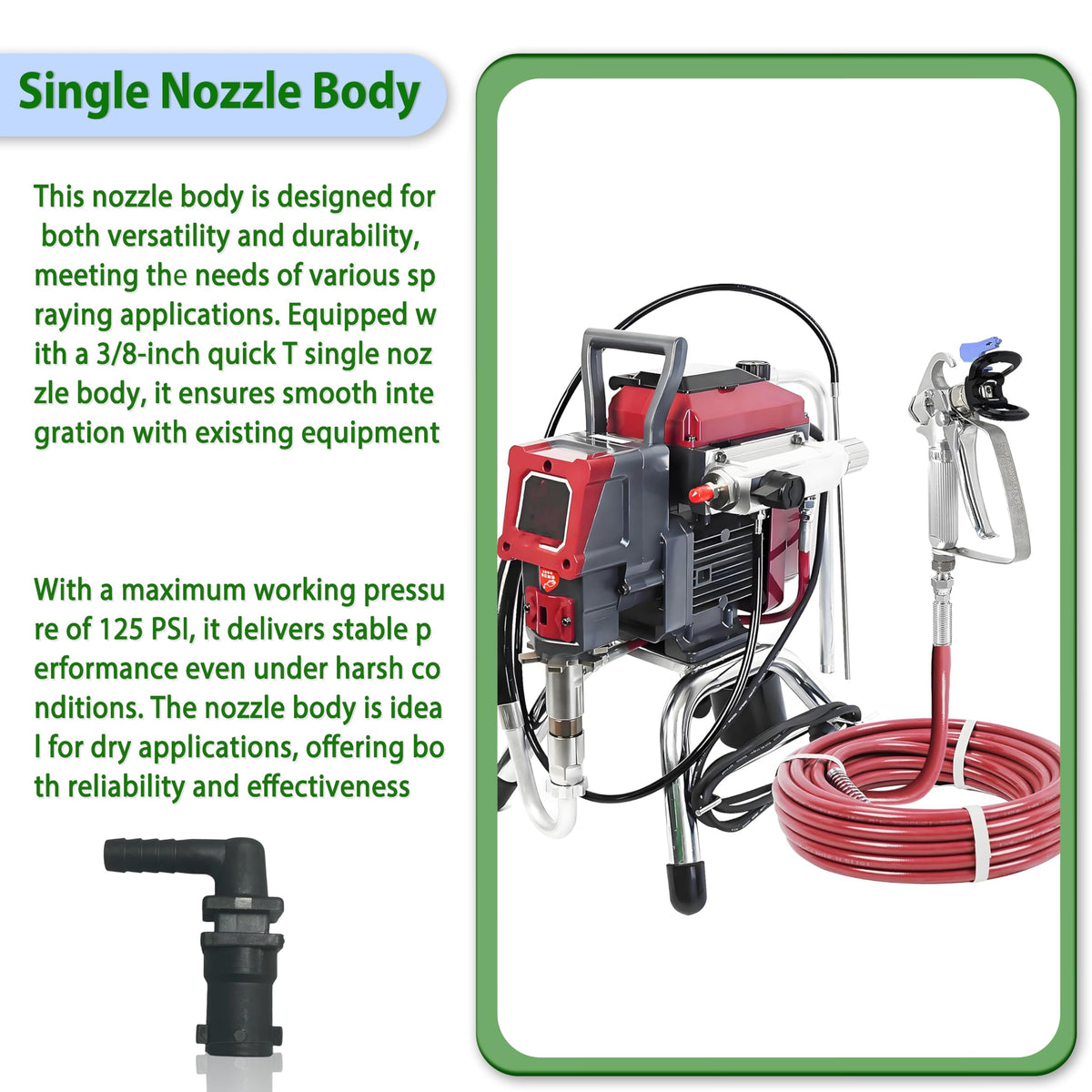 YiYuanG QJ100 nozzle body assembly demonstrates reliable 3/8 inch hose barb and 125 psi capacity.