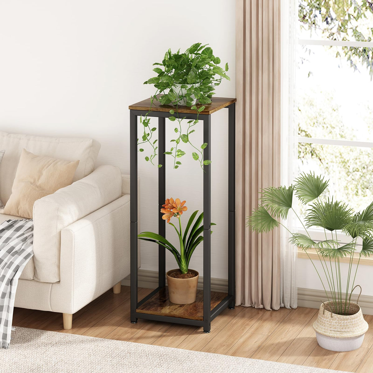 YIZAIJIA plant stand 2-tier corner black assembly-in-progress side view.