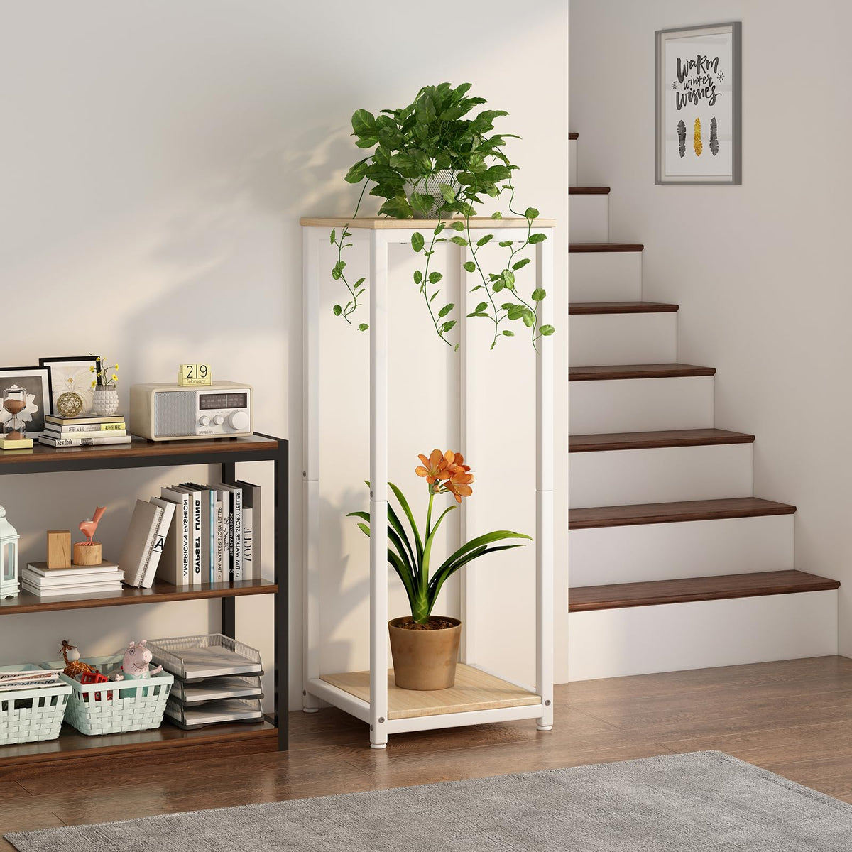 YIZAIJIA two-tier MDF surface showcases flowers while saving floor space.