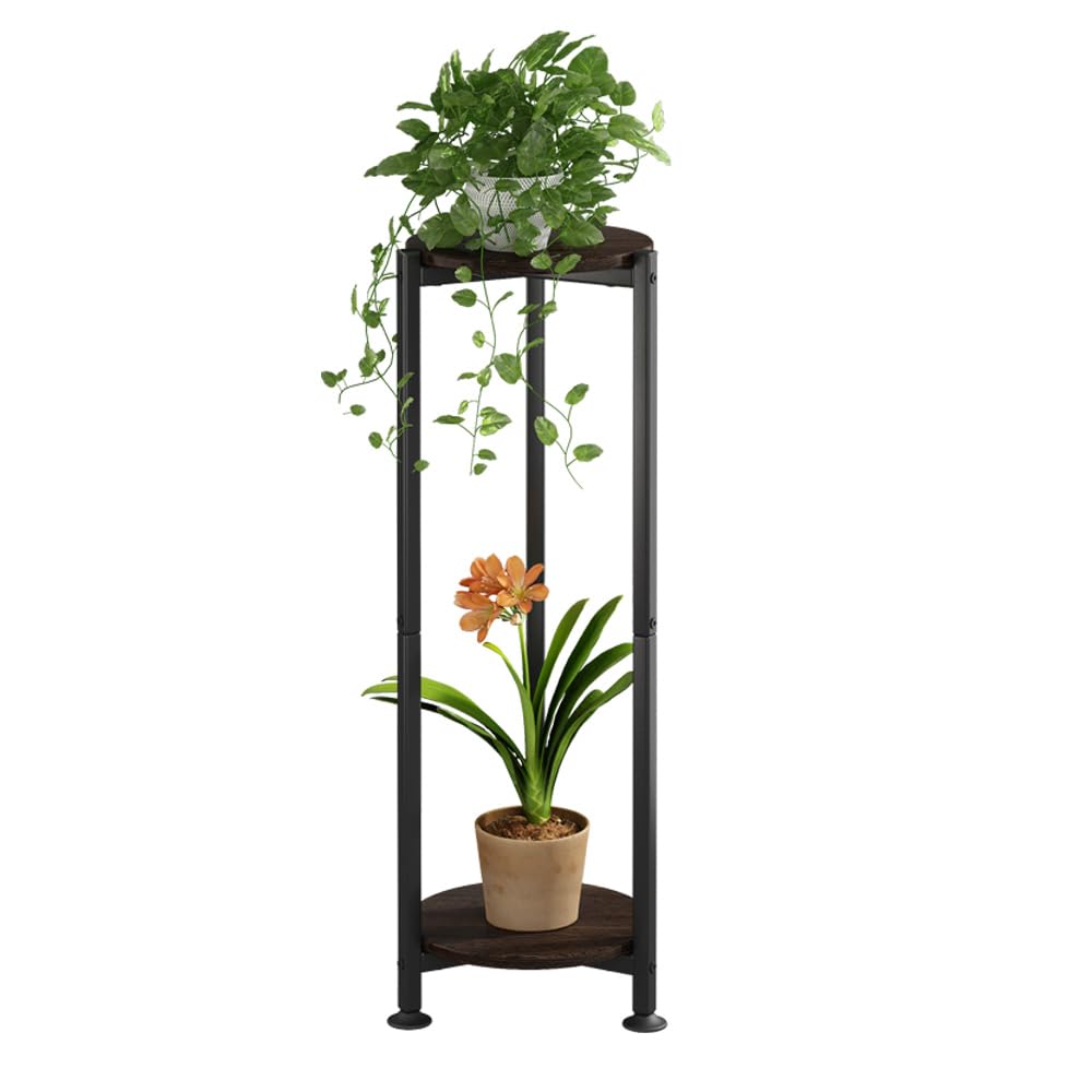 YIZAIJIA 2-tier plant stand with black oak round top for space-saving corner display