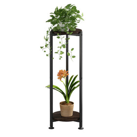 YIZAIJIA 2-tier plant stand with black oak round top for space-saving corner display