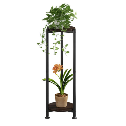 YIZAIJIA 2-tier plant stand with black oak round top for space-saving corner display