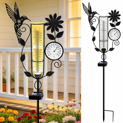 YJFWAL hummingbird rain gauge with sunflower design and solar illumination for night reading