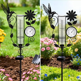 YJFWAL sunset garden display along pathway with decorative rain gauge