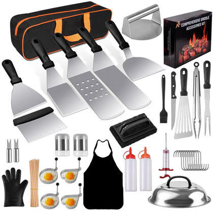 YJHOLE long griddle spatula for precise flipping on flat tops, durable stainless steel.