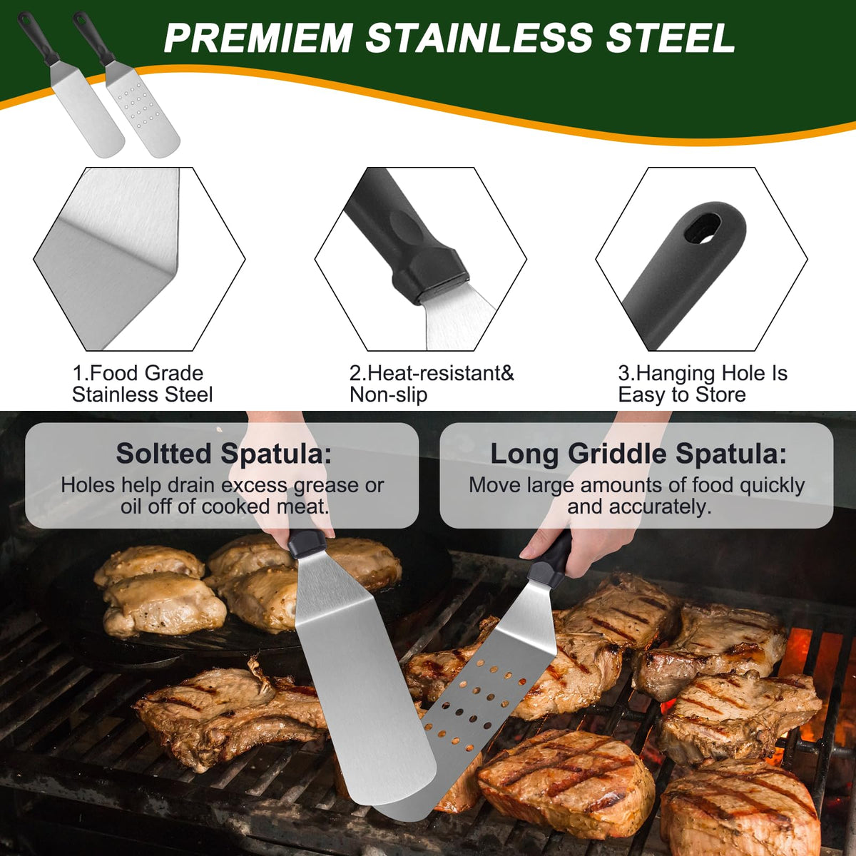 YJHOLE slotted spatula helps lift burgers and veggies while draining excess fat.