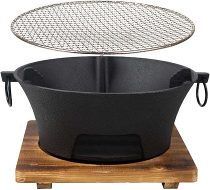YJTAN hibachi grill top view highlighting portable cast iron design for outdoor cooking.