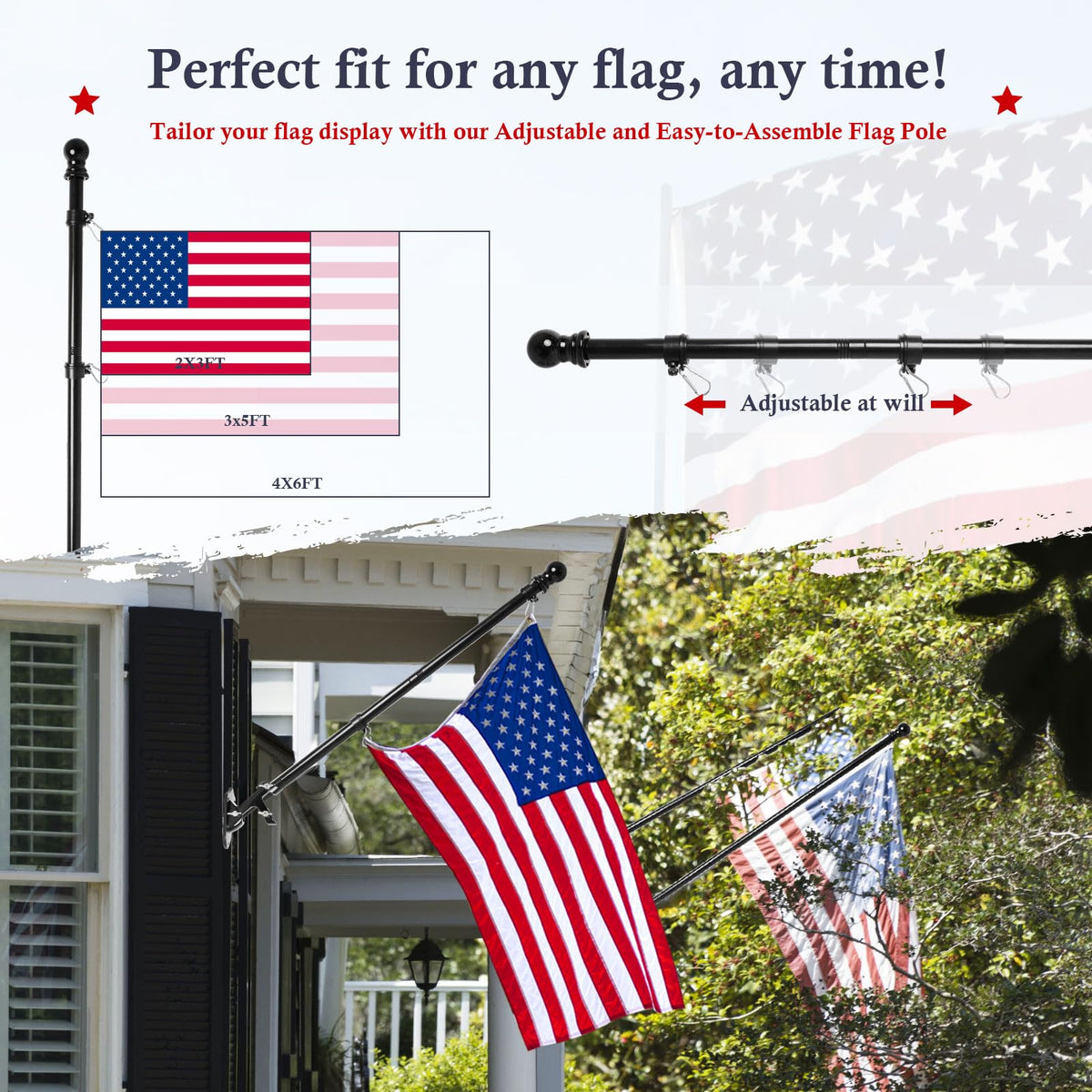 YKFLY flag pole adjusts from 1.2 to 6 feet for versatile flag sizes