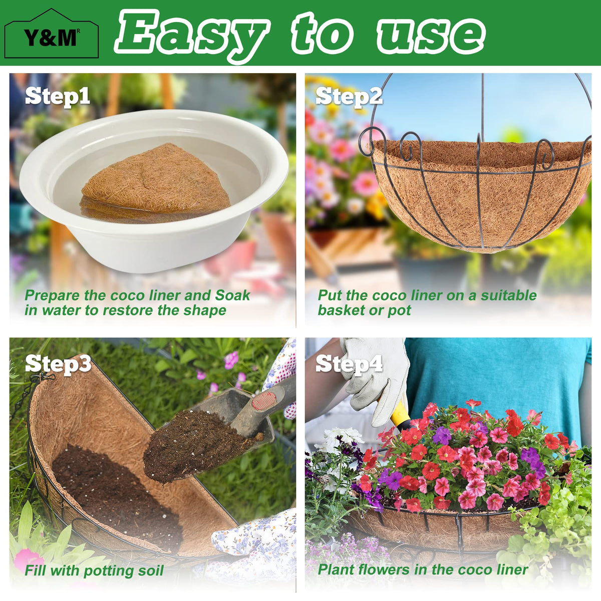 Y&M 14-inch coco liner, versatile for balcony gardens and indoor spaces.