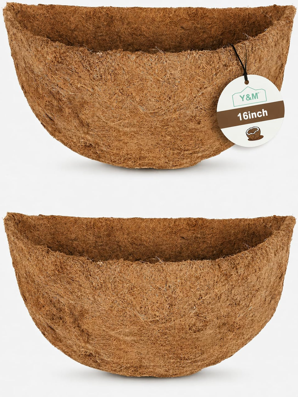 Y&M 16-inch half-round coco liner pre-formed for easy wall basket installation.
